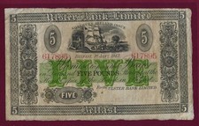 Ireland Northern Ulster Bank Limited 5 Pounds 1942 P-316 VF RARE