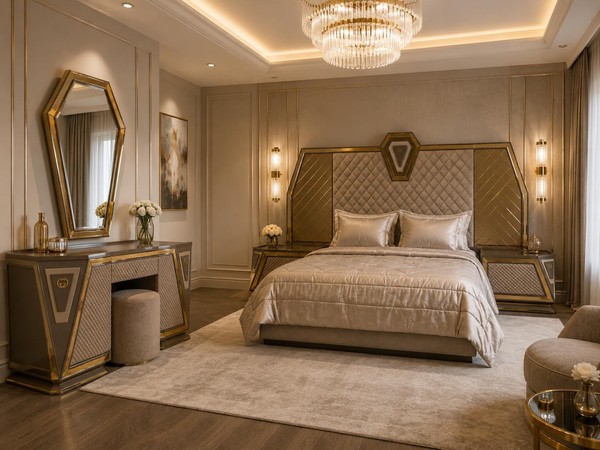 Stilvolles Schlafzimmer-Set Mit Bett, Schminktisch, Spiegel & Hocker-image