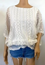 Style & Company Beige Lace Metallic Gold Blouse Kaftan Womens Size Large Top L7