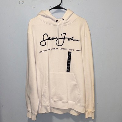 Sean John Men s White Logo Graphic Pullover Hoodie XL Kangaroo Pocket Drawstring