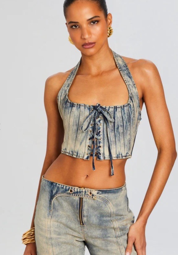 NWT Retrofete Bandit Denim Halter Corset Top Amalfi Lace Up Crop Size S