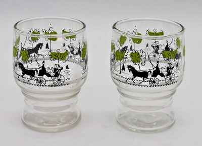 Pair Libbey Juice Glasses Horse Carriage Trees 4 Ounce Stackable Vintage 70s 80s
