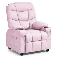 Honeyjoy Kids Youth Recliner Chair PU Leather w/Cup Holders & Side Pockets Pink
