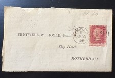 J14 1859 1d Red Star Plate 60 NC on Entire Barnsley 49 to Ship Hotel Rotherham