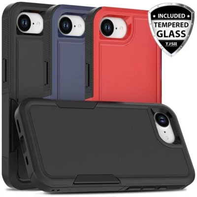 TJS For Apple iPhone 16e Phone Case Heavy-Duty Tough Dual Layer Cover+Tempered Glass