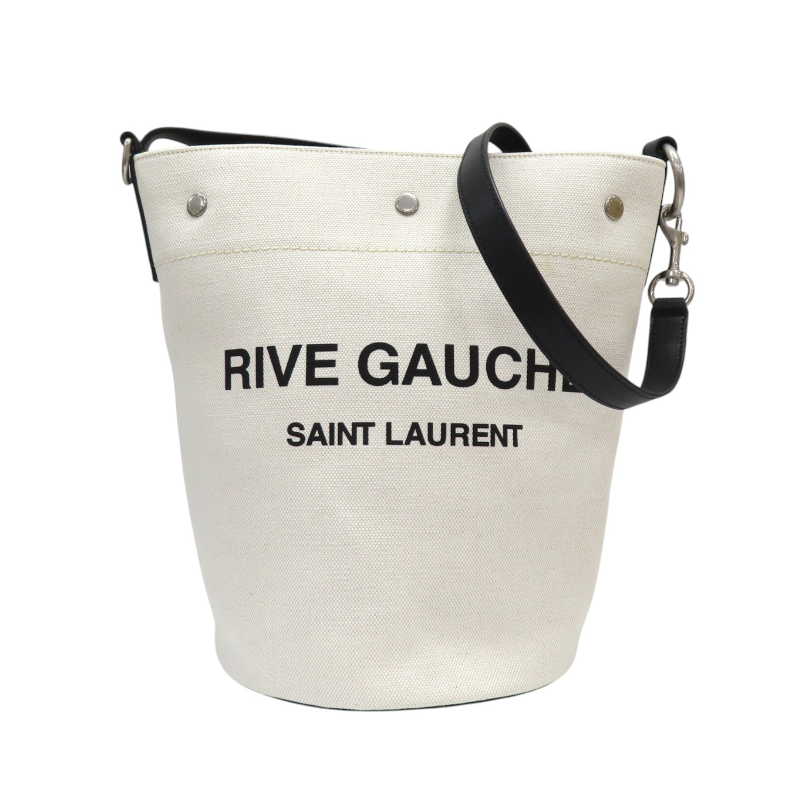 Borsa a tracolla SAINT LAURENT Rive Gauche secchiello tela bianca pelle di vitello nera 669299