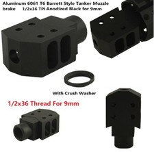9mm Tanker Styler Low Concussion 1/2x36 Muzzle Brake Compensator Anodized Black