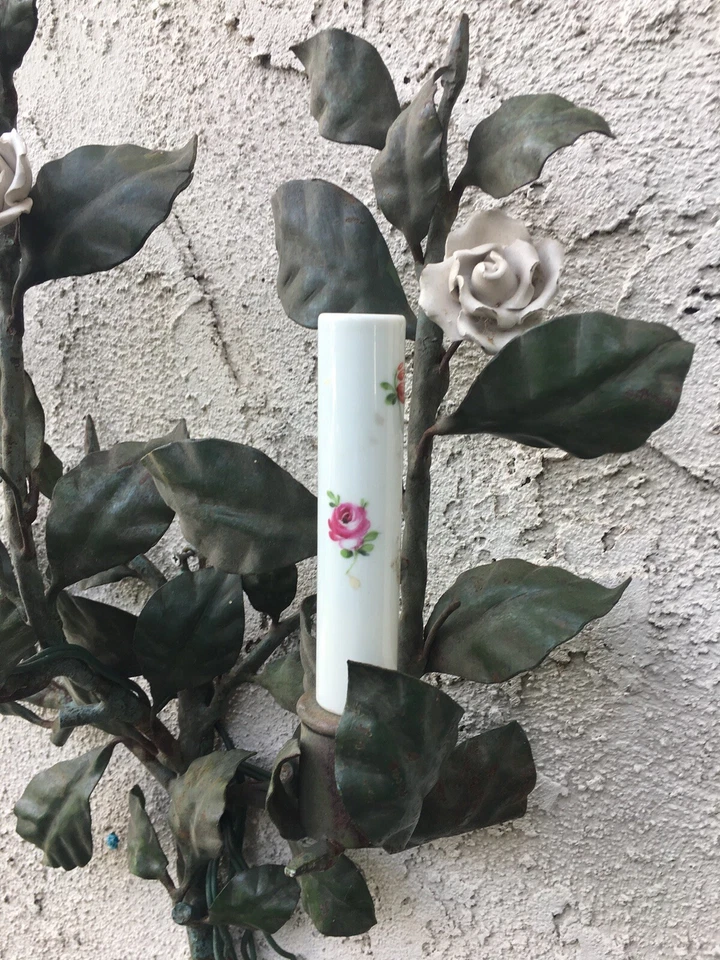 ANTIGUO APLIQUE DE PARED FRANCÉS TOLE Y PORCELANA Foto 4 de 4