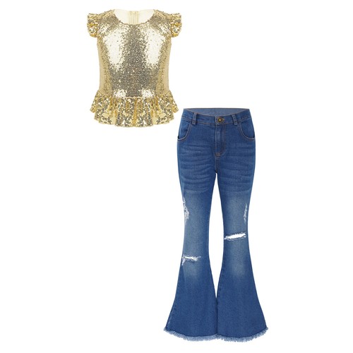 Girls 2Piece Sparkly Sequins Crop Top with Ripped Flared Jeans Pants Outfit - Picture 8 of 57