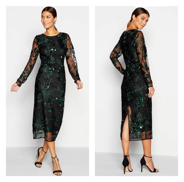 Debenhams Debut Bottle Green Sequin Leaf Mesh Maxi Bodycon Dress Size