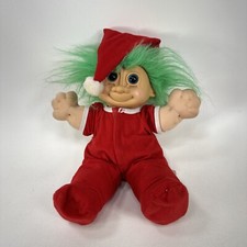 Vtg Russ Christmas Troll Doll 2338 Santa Hat Pajama Red Green Hair 12" Soft Body