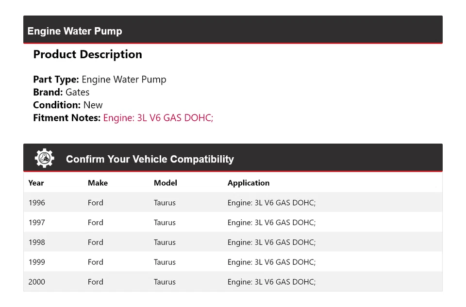 Para Ford Taurus 1996-2000 3L V6 Gas DOHC Motor Bomba Agua Puertas 1997 1998 1999 Foto 2 de 4