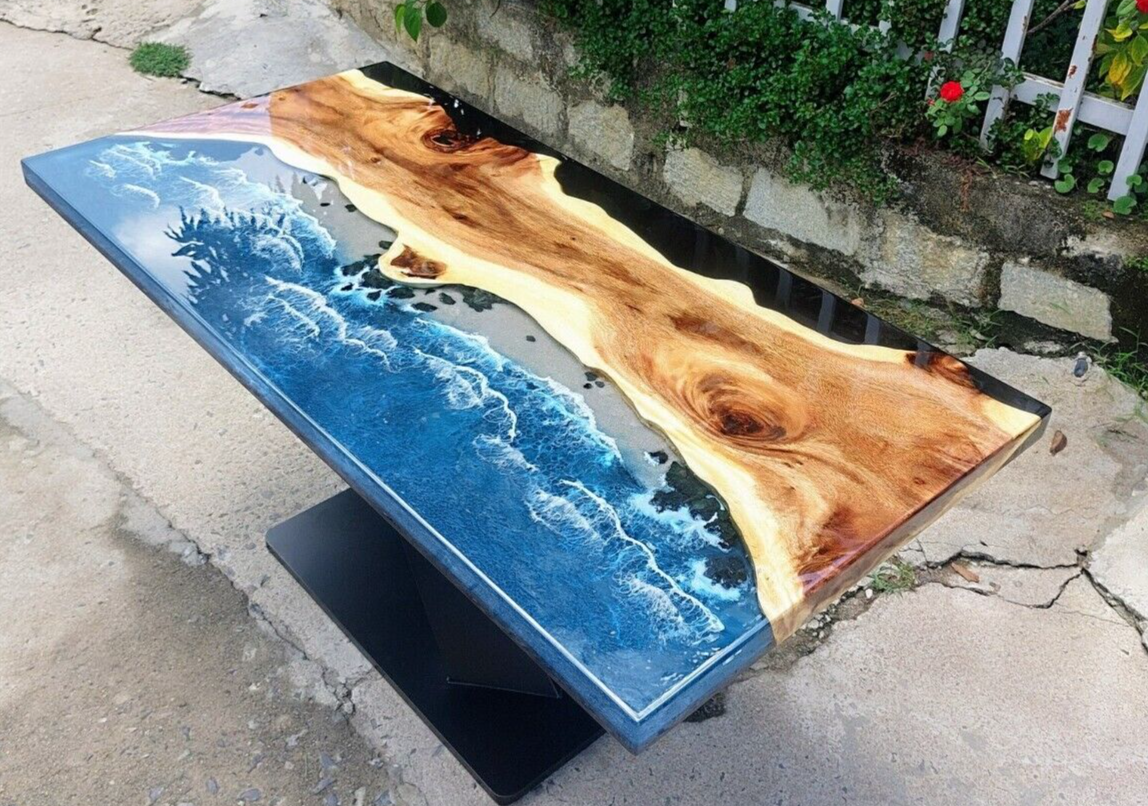 Ocean Epoxy Resin Top Counter Dining Table, Handmade Furniture, Mid Century Deco