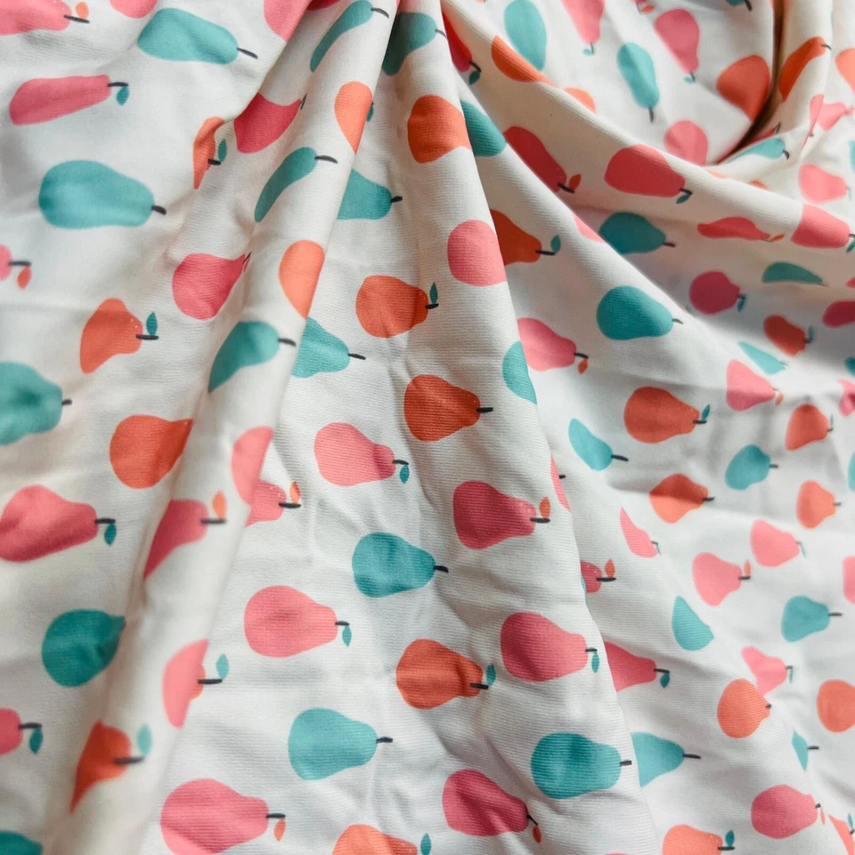 Tela de spandex de nailon con estampado de peras azules y naranjas elástica en 4 vías para trajes de baño Foto 3 de 4