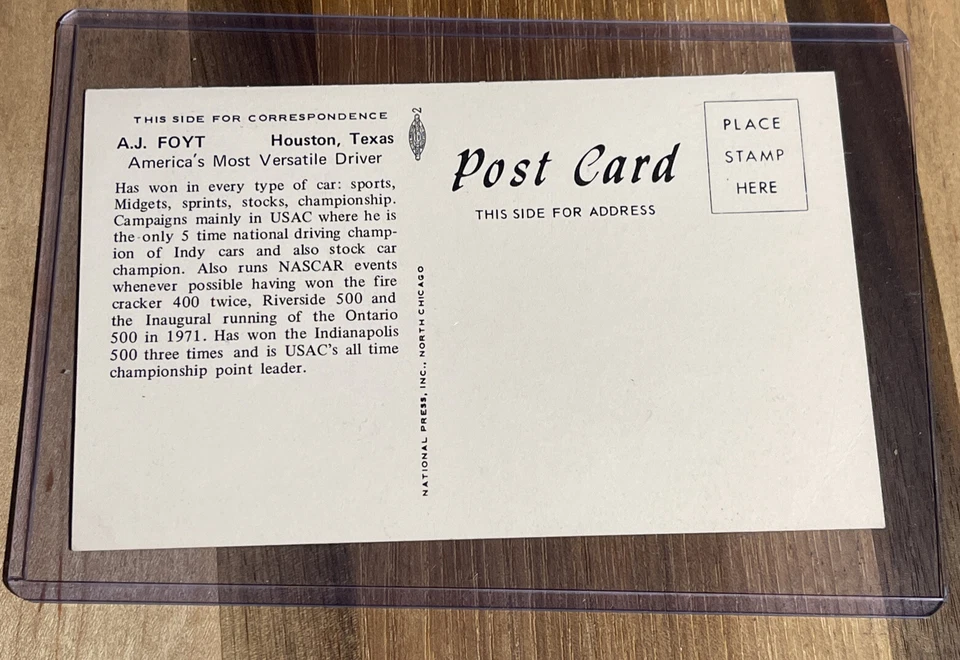 Vintage 3x5 Postcard, A. J. Foyt Fan Club - Image 2 of 2