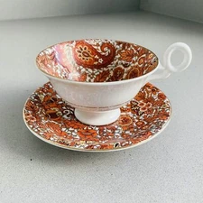 Radford Vintage Orange Paisely Bone China Teacup and Saucer, 1938-1957