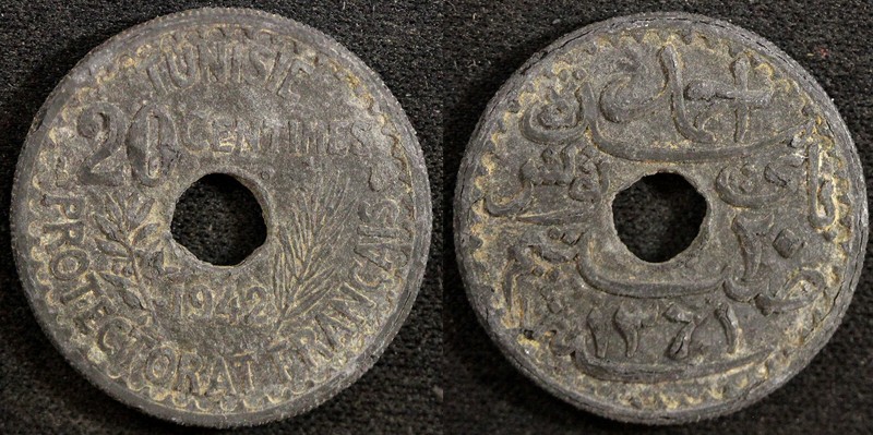 TUNISIA  Zinc 1942 20 Centimes WWII Issue VF TONED KM# 268 (23 302)