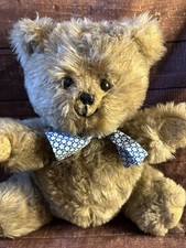 Vtg 1980's Brown Fuzzy Teddy Bear Blue White Flower Bow Tie Stuffed Plush USED