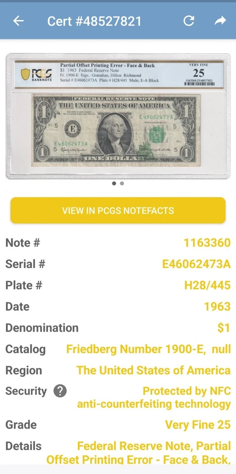 1963 $1 FRN Richmond Partial Offset Printing Error - Face & Back PCGS 25 VF - Image 3 of 3