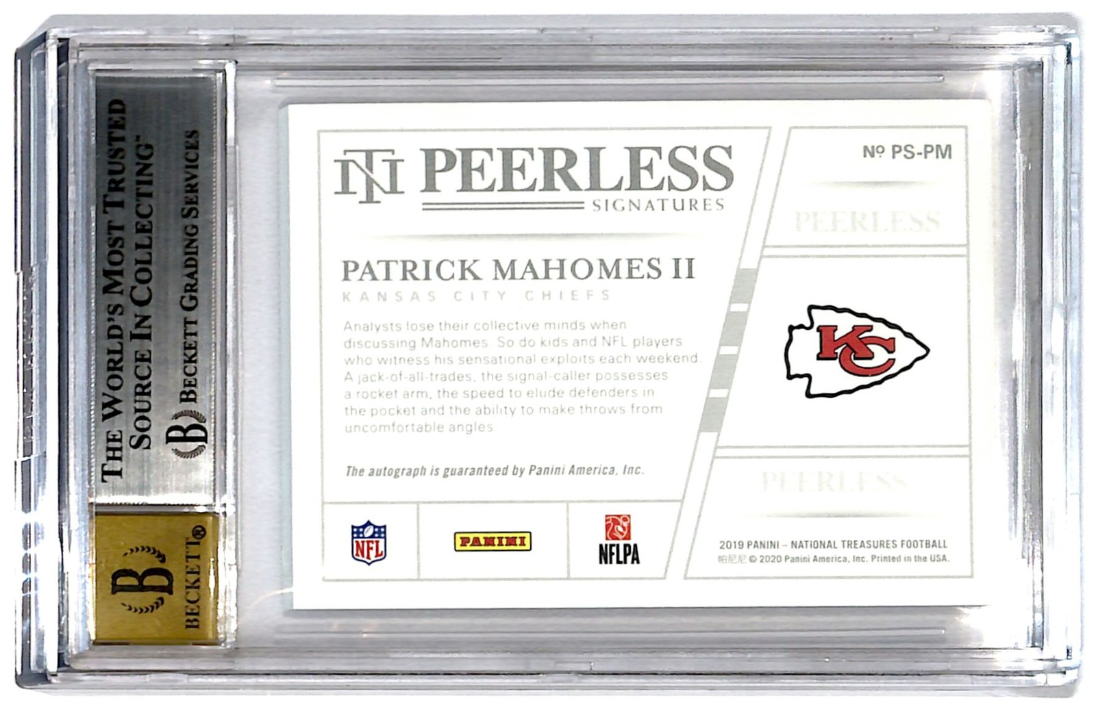 2019 National Treasures Peerless 10/25 Patrick Mahomes Auto BGS 9 R6220J view 2