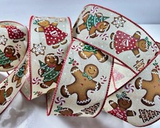GINGERBREAD Wired Ribbon Christmas Peppermint Cookies 2.5  x 5 Yards Holly Berry