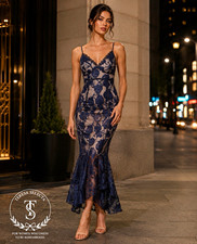 NWT Lulu’s Navy Blue Floral Embroidered Lace Maxi Dress Size S Formal Evening