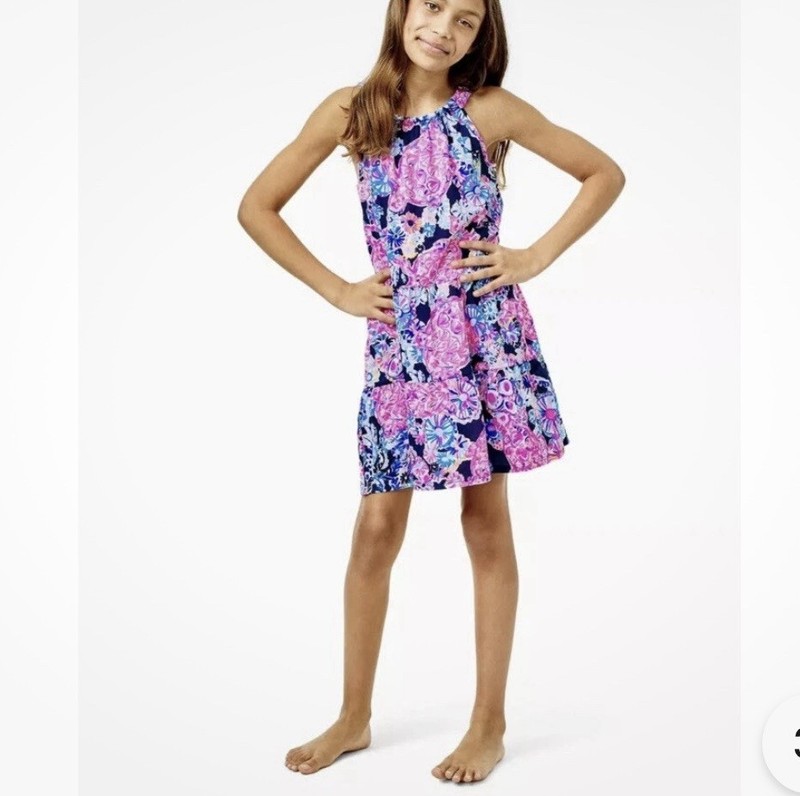 Lilly Pultizer Girls Loro Dress High Tide Navy Turtle Amazement Sz XL 12-14