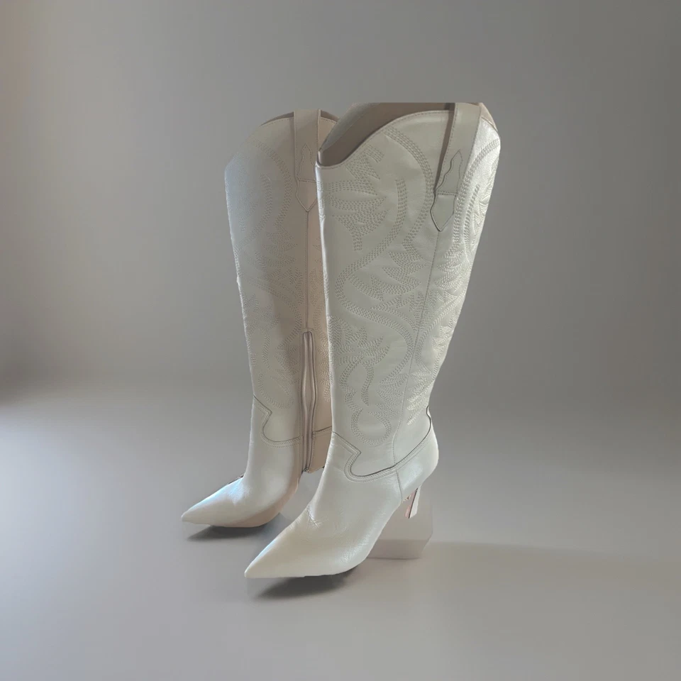 Antonio Melani Women’s Ivory Leather Western Knee-High Boots, Size 9 - Image 3 of 4