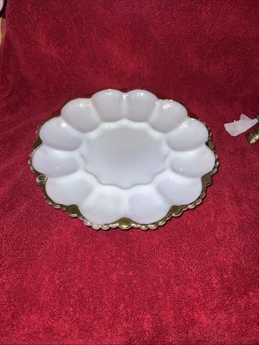 Vintage Anchor Hocking Fire King White Milk Glass Deviled Egg Plate Gold Trim