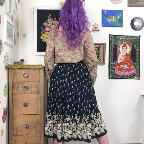 Vintage Cotton Gauze Hippie Skirt, 1990s Black Floral Indian Cotton Midi, OS - Picture 3 of 12