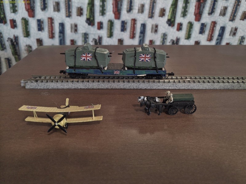 N Scale flatcar with WWI tanks and airplane with horse drawn supply wagon (UK)