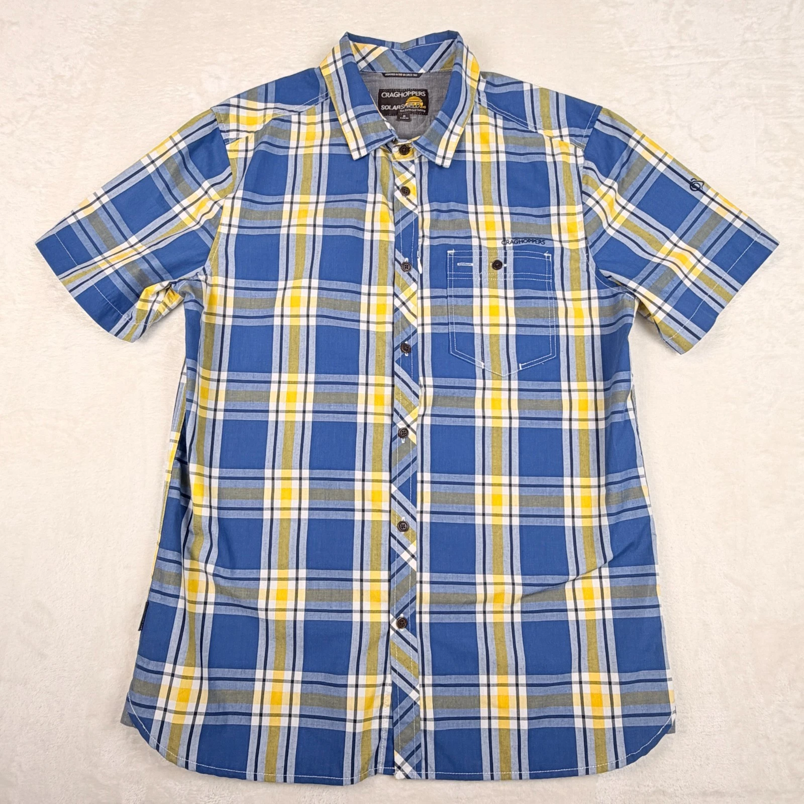 Craghoppers Shirt Mens M EU50 Blue Yellow Plaid Sun Protective Solarshield Short