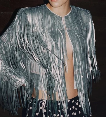 ZARA 2026 ZW Collection Silver Grey Sequin Fringe Jacket Size S 3210/040 Trendy - Image 1 of 4