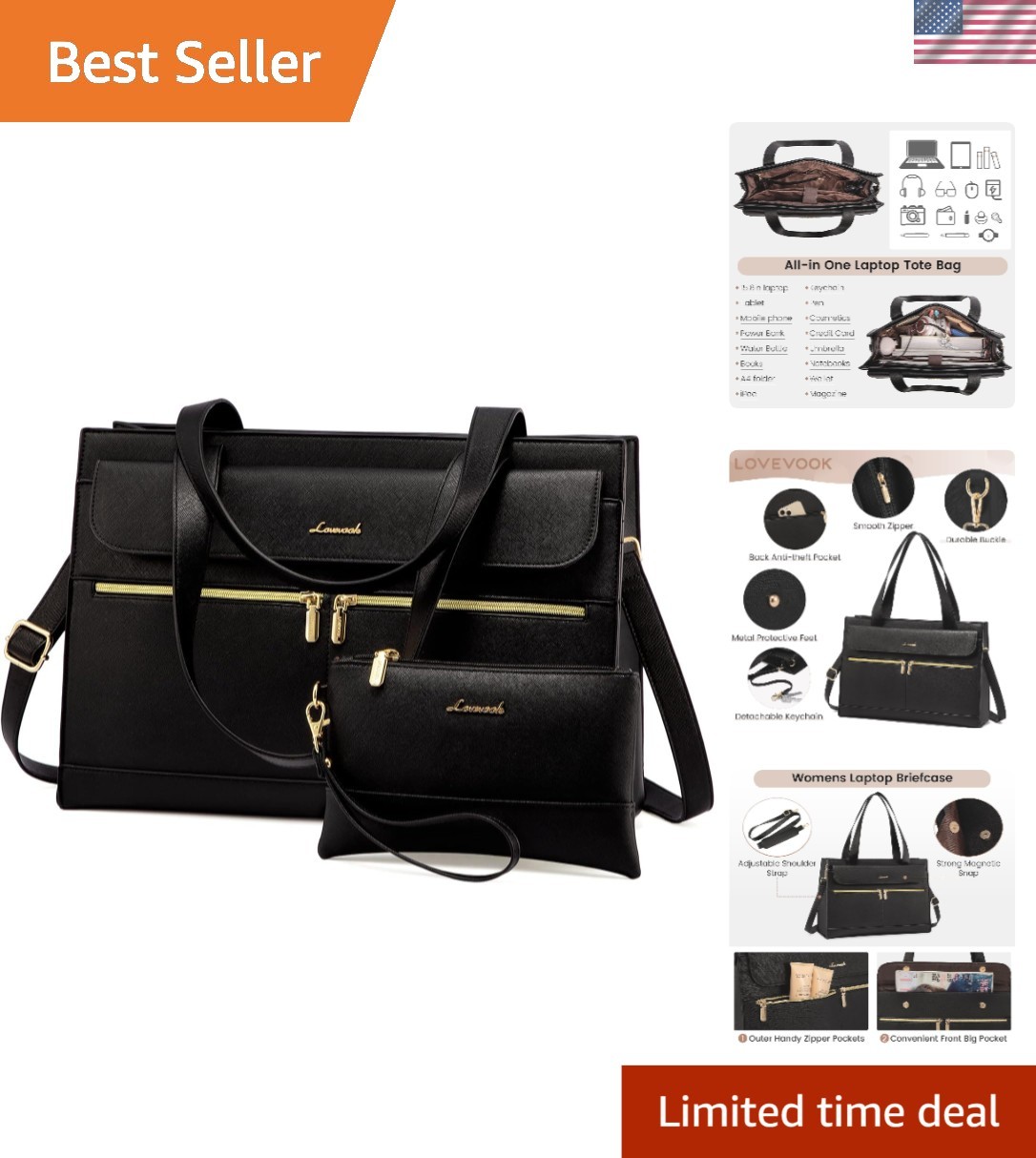 Stylish Waterproof Laptop Tote for Women - 15.6 Inch Business Bag with Clutch