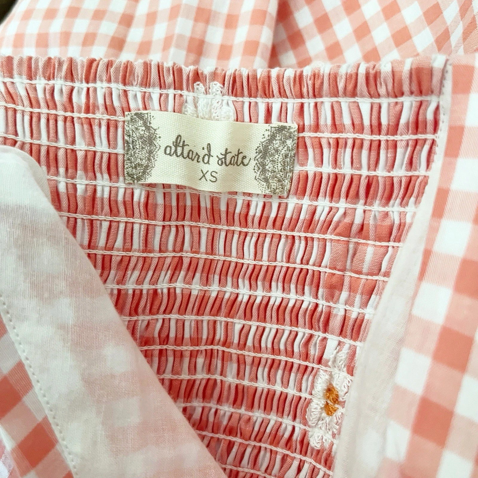 VETEMENTS Abito corto donna Altar'd State taglia XS rosa bianco margherita GIngham maniche a sbuffo