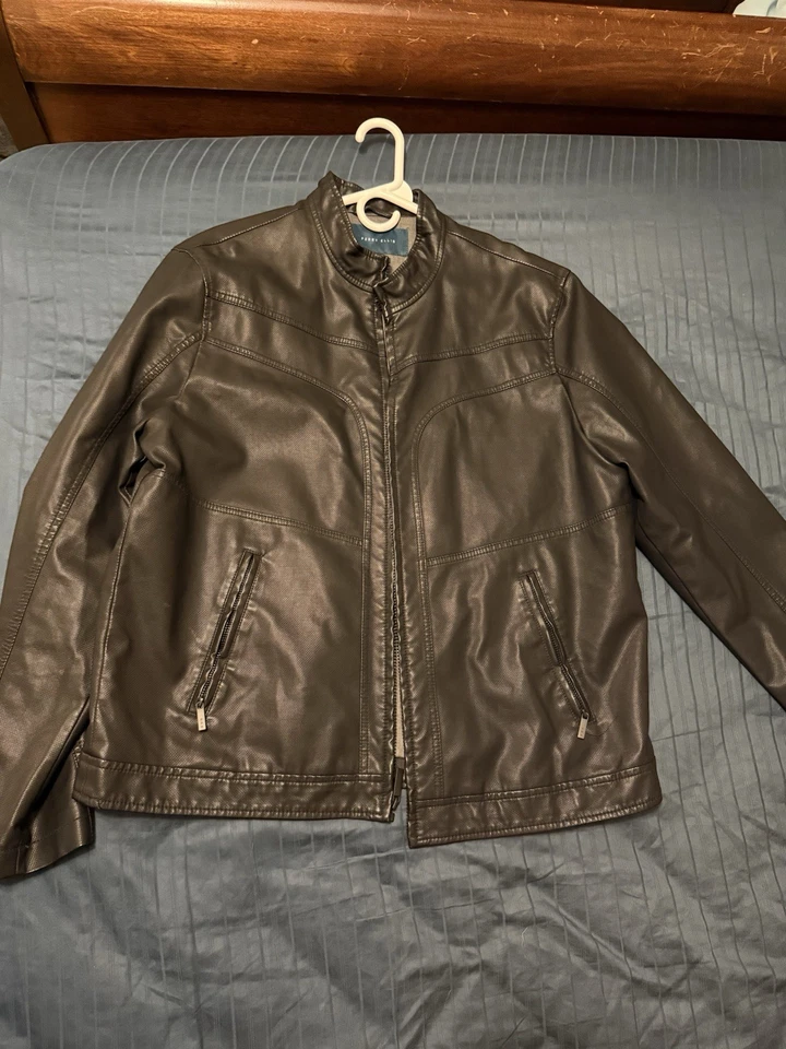 VINTAGE RARE PERRY ELLIS Men's Zipper Faux Leather Moto Jacket XL Black - Image 2 of 4