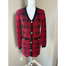 Fashion Nova Womens XL Red Black Plaid Long Cardigan Mini Dress Gold Buttons