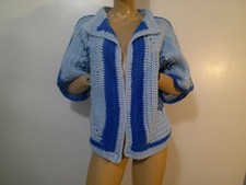 Handmade Crochet Granny Hexagon Multi Blue Open Front Cardigan Sweater L XL