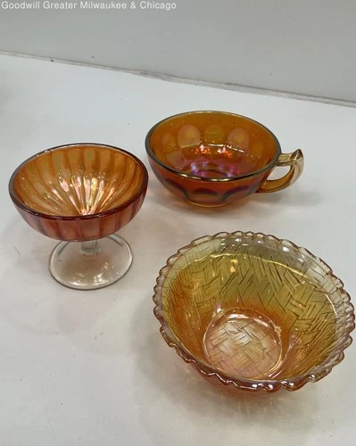 VTG Small Carnival Orange Iridescent Glass Dish Set of 3 Pcs. Bowl Dish Cup