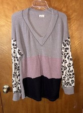 Bibi Waffle Knit Leopard Print Long Sleeve V-Neck Top Bohemian Tan Mauve