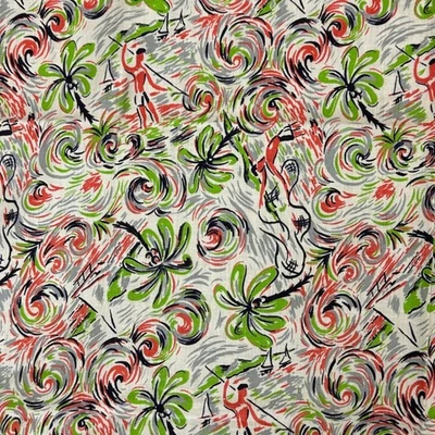 Vintage 40s 50s Novelty Print Fabric Tropical Island Palm Tree Tiki 31x28 - Image 1 of 4