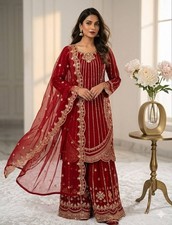 Wedding Wear Red Faux Georgette Kurta Palazzo With Dupatta For Women