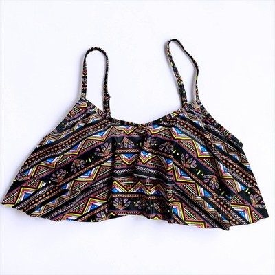 Gabrielle-Aug Geometric Print Ruffle Flounce Bikini Top Black Multi Size 10