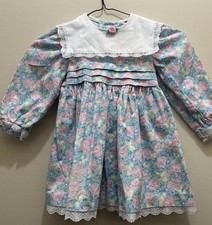 VTG Polly Flinders Toddler Dress 3T Pastel Floral Lace Bib Collar   Cotton USA