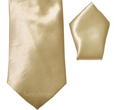 New Polyester Men's Neck Tie  Pocket Square Hankie Set Shiny Finish Beige Sand