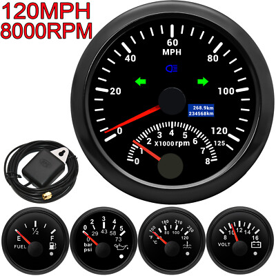 5 Gauge Set 85mm GPS Speedometer 125MPH With Tacho&52mm Fuel Volt Temp Oil Press