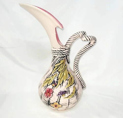 1955 Hull Pottery T13 Blossom Flite 13.75"Ewer Flight Gloss Pink Handled Pitcher