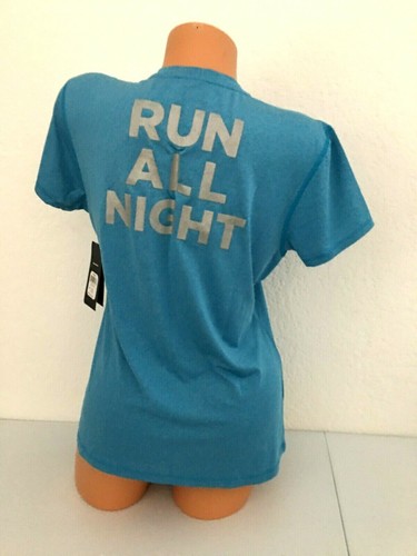 NUEVA Camiseta para mujer Asics azul manga corta "Corre todo el día"" ""Corre toda la noche"" L - Imagen 2 de 2