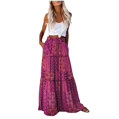 Bohemian Rock Patchwork Langrock Boho Ethno Print Maxi Retro A-Linie Plissee - Bild 21 von 40