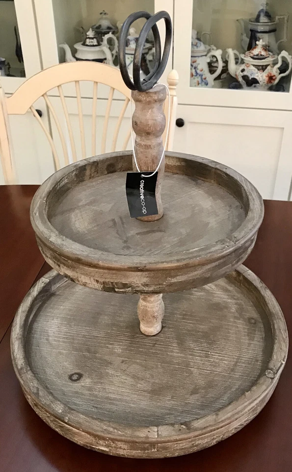 2 Tiered Tray Stand - Two Tier Tray Wood Farmhouse, Rustic, Vintage New - Image 2 of 4
